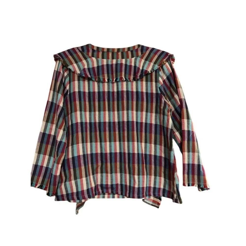 Anthropologie Women's Plaid Fringe Ruffle Tunic Blouse Size L Multicolor - Picture 8 of 8